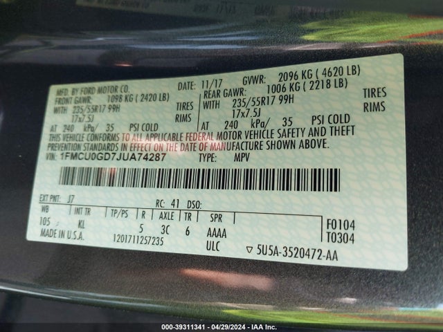 Ford ESCAPE SE 2018 1FMCU0GD7JUA74287 Image 9