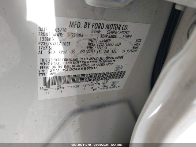 39311370 :رقم المزاد ، 2FMDK3GC4ABB62917 vin ، 2010 Ford Edge Se مزاد بيع