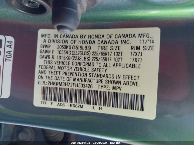 Honda Cr-v Ex-l 2015 2HKRM3H72FH503426 Image 9