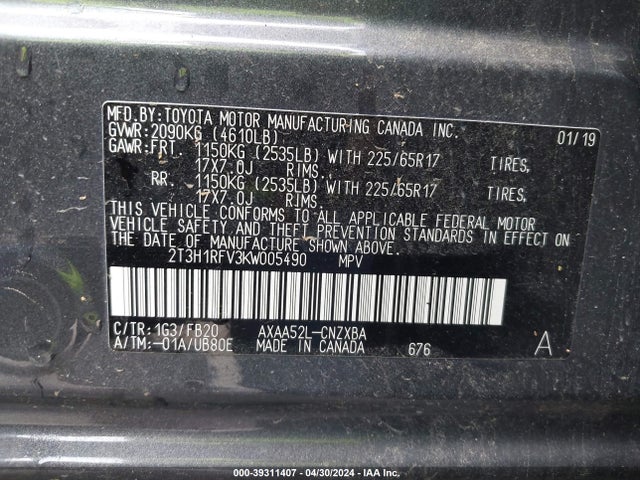 Toyota RAV4 LE 2019 2T3H1RFV3KW005490 Image 9