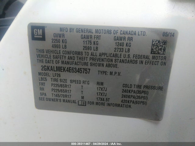GMC Terrain Sle-1 2014 2GKALMEK4E6345757 Image 9