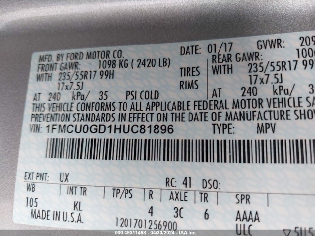 Ford ESCAPE SE 2017 1FMCU0GD1HUC81896 Image 9