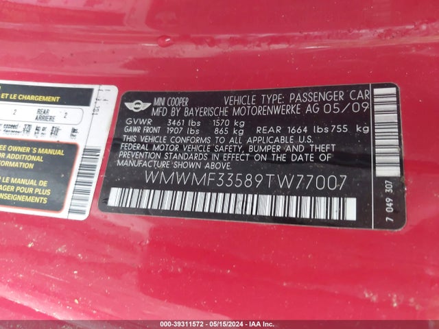 2009 MINI COOPER WMWMF33589TW77007 Photo 8