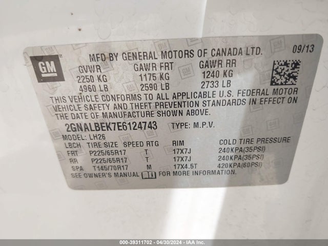 Chevrolet EQUINOX 1LT 2014 2GNALBEK7E6124743 Image 9