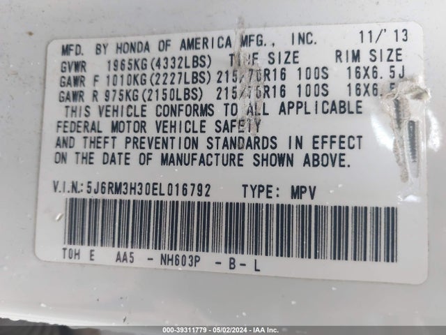 Honda CR-V LX 2014 5J6RM3H30EL016792 Image 9