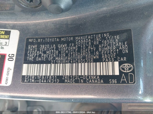 Toyota COROLLA LE 2017 2T1BURHE4HC805356 Image 9