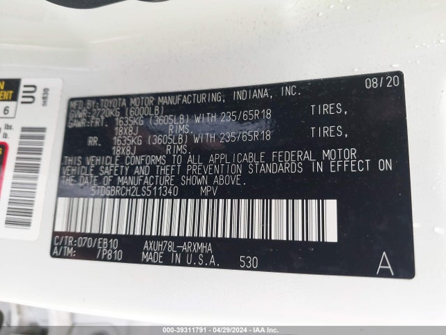 Toyota Highlander Hybrid Xle 2020 5TDGBRCH2LS511340 Image 9