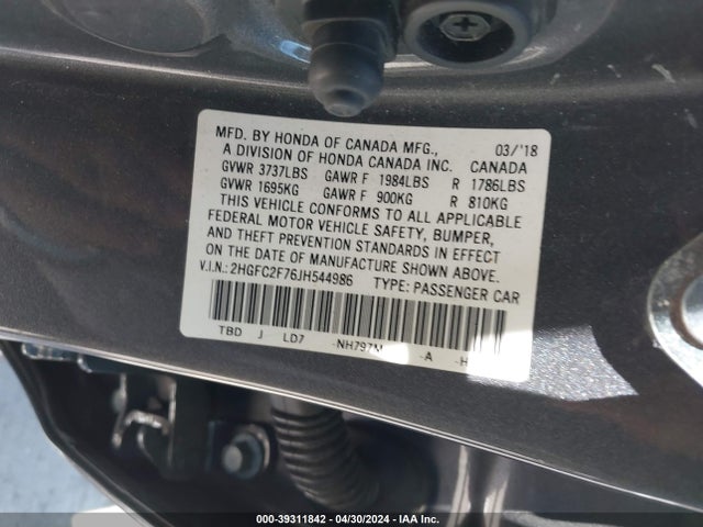 Honda CIVIC EX 2018 2HGFC2F76JH544986 Image 9