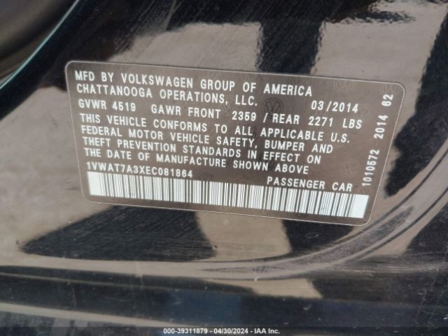 1VWAT7A3XEC081864 Volkswagen Passat 1.8t Wolfsburg Edition