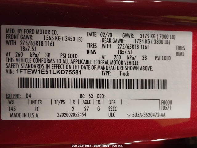 Ford F-150 Lariat 2020 1FTEW1E51LKD75581 Image 9