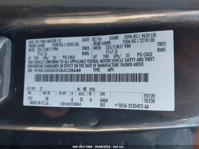 Ford ESCAPE SE 2016 1FMCU0GXXGUC39249 Image 9