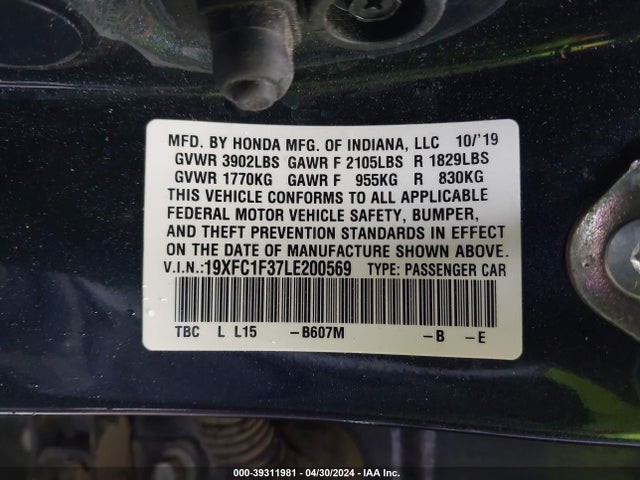 Honda CIVIC EX 2020 19XFC1F37LE200569 Image 9