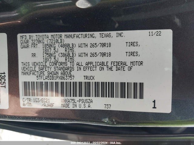 Toyota Tundra Sr5 2023 5TFLA5DB1PX063757 Image 9