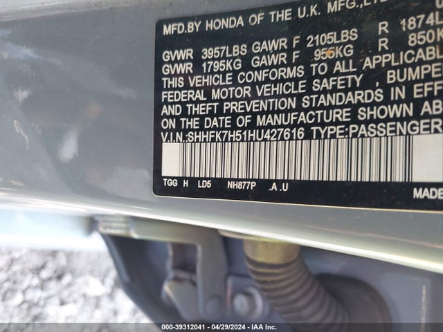 Honda CIVIC EX 2017 SHHFK7H51HU427616 Image 9