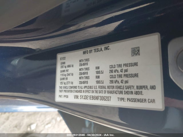 Tesla Model 3 Long Range Dual Motor All-wheel Drive 2022 5YJ3E1EB6NF306207 Image 9