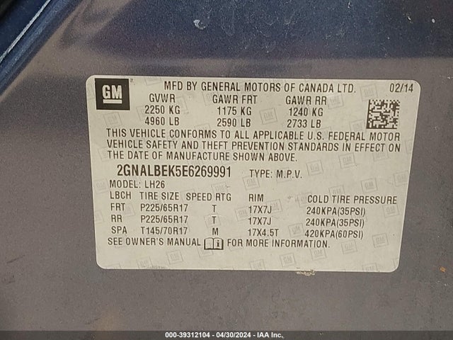 Chevrolet EQUINOX 1LT 2014 2GNALBEK5E6269991 Image 9