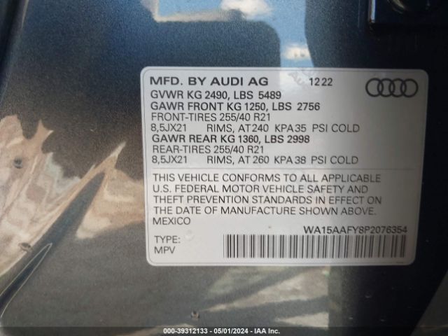 WA15AAFY8P2076354 Audi Q5 Sportback Premium Plus 45 Tfsi S Line Quattro S Tronic