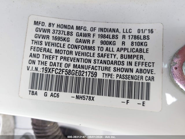 Honda Civic Lx 2016 19XFC2F58GE021759 Image 9