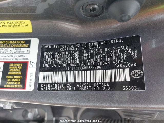 Toyota CAMRY SE 2017 4T1BF1FK6HU655706 Image 9