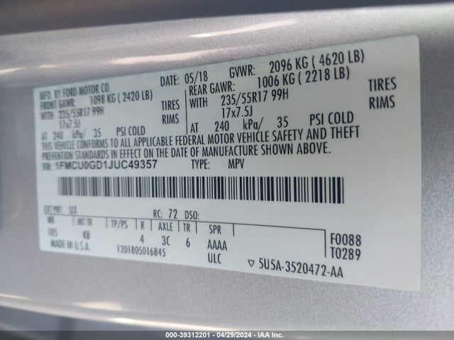 Ford ESCAPE SE 2018 1FMCU0GD1JUC49357 Image 9