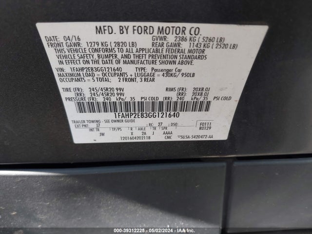Ford TAURUS SEL 2016 1FAHP2E83GG121640 Image 9