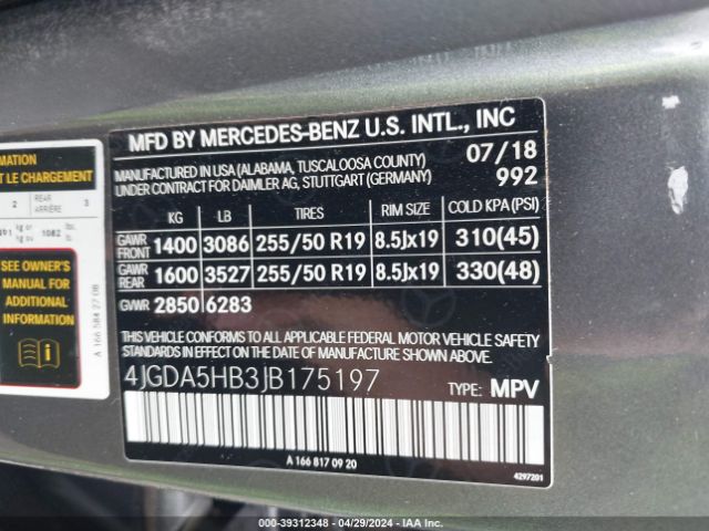 4JGDA5HB3JB175197 Mercedes-Benz Gle 350 4matic