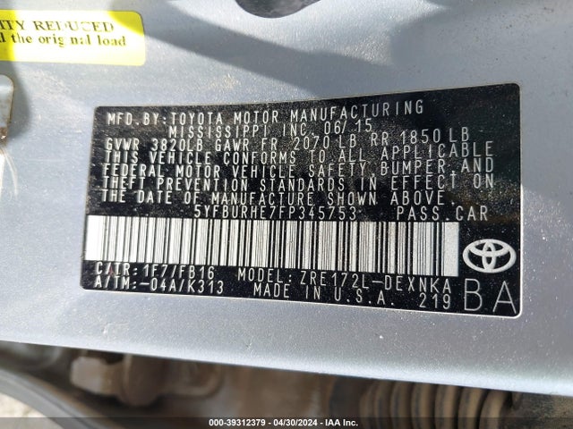 Toyota COROLLA LE 2015 5YFBURHE7FP345753 Image 9