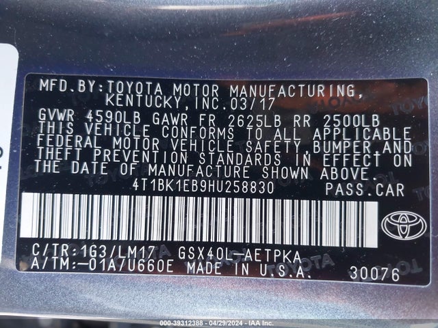 Toyota AVALON LIMITED 2017 4T1BK1EB9HU258830 Image 9
