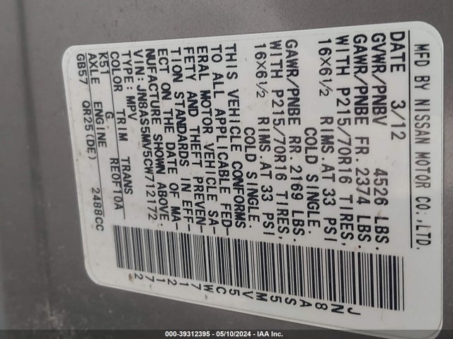 Продаж на аукціоні авто 2012 Nissan Rogue S, vin: JN8AS5MV5CW712172, номер лоту: 39312395