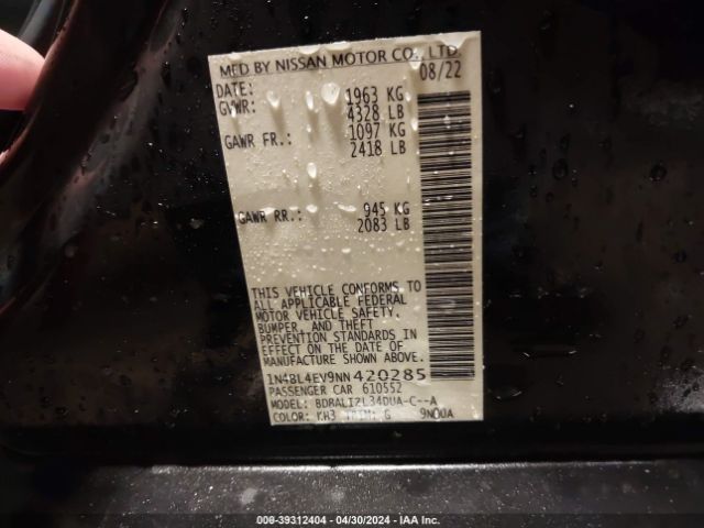 1N4BL4EV9NN420285 Nissan Altima Sl Fwd