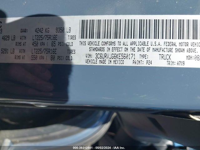 3C6URVJG6KE560171 RAM Promaster 3500 Cargo Van High Roof 159 Wb Ext