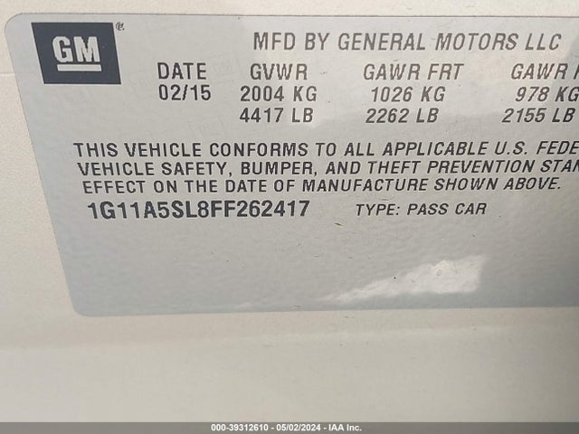 Chevrolet Malibu 1fl 2015 1G11A5SL8FF262417 Image 9