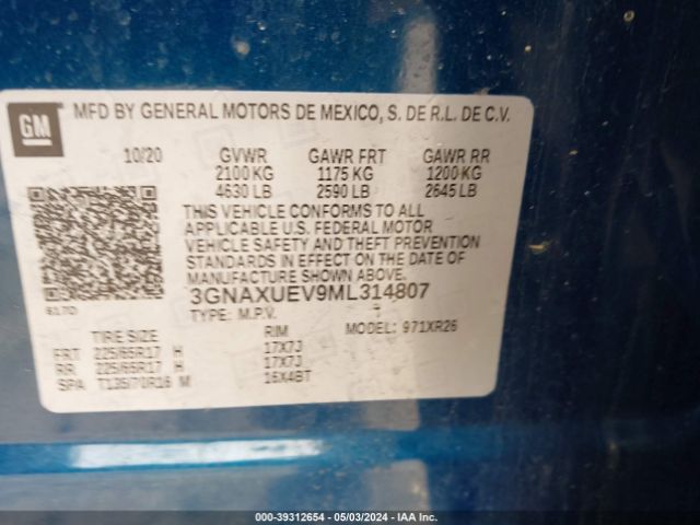 3GNAXUEV9ML314807 Chevrolet Equinox Awd Lt