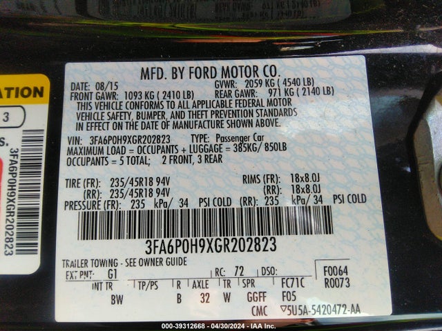 Ford FUSION SE 2016 3FA6P0H9XGR202823 Image 9
