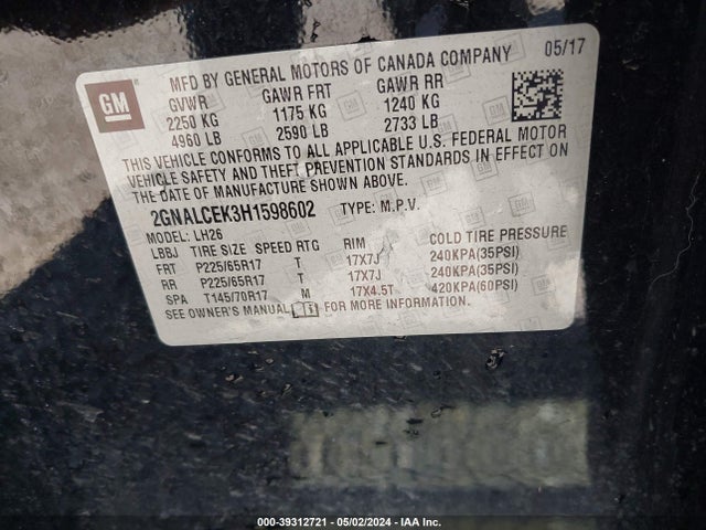 Chevrolet EQUINOX LT 2017 2GNALCEK3H1598602 Image 9