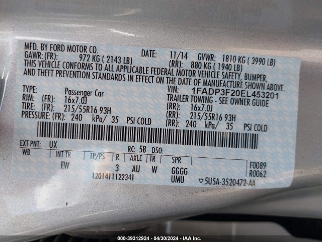 Ford FOCUS SE 2014 1FADP3F20EL453201 Image 9