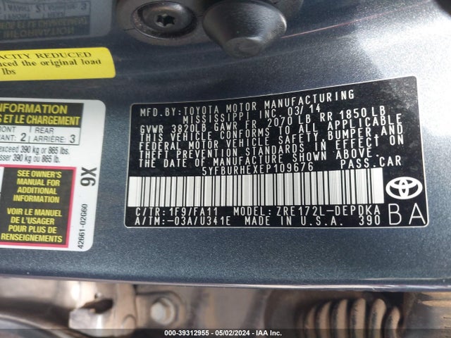 Toyota COROLLA L 2014 5YFBURHEXEP109676 Image 9