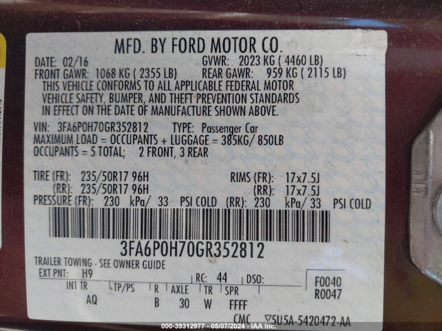 Ford FUSION SE 2016 3FA6P0H70GR352812 Image 9
