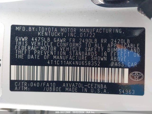 Toyota CAMRY LE 2022 4T1C11AK4NU658352 Image 9