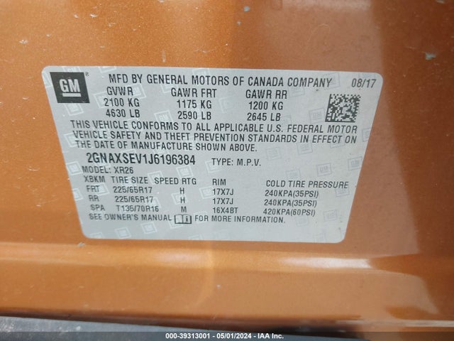 Chevrolet EQUINOX LT 2018 2GNAXSEV1J6196384 Image 9