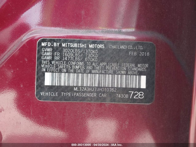 ML32A3HJ7JH010762 Mitsubishi MIRAGE ES