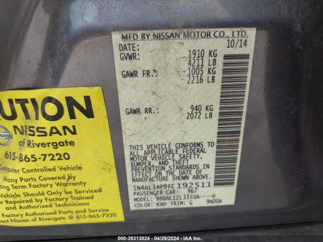 Nissan Altima 2.5 Sv 2015 1N4AL3AP9FC192511 Image 9