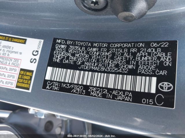 JTDEPMAE8N3025432 Toyota COROLLA LE