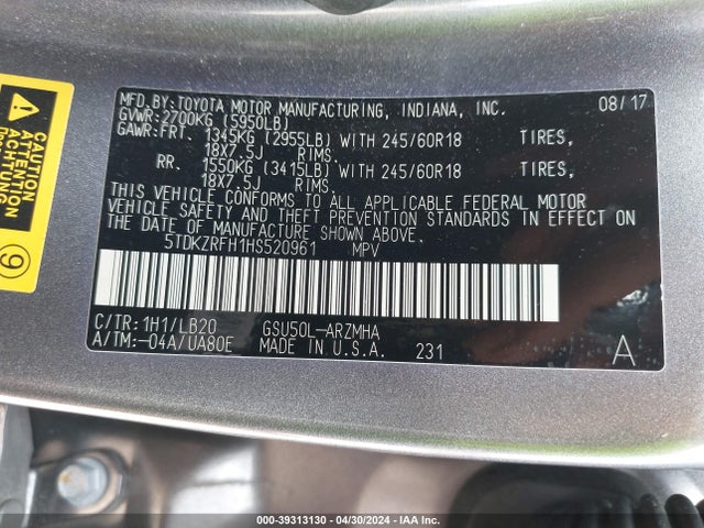 Toyota Highlander Xle 2017 5TDKZRFH1HS520961 Image 9