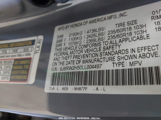 Honda Cr-v Awd Ex 2020 5J6RW2H50LL004497 Image 9