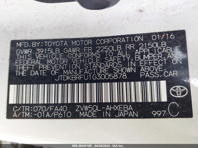 Toyota Prius Two 2016 JTDKBRFU1G3005878 Image 9