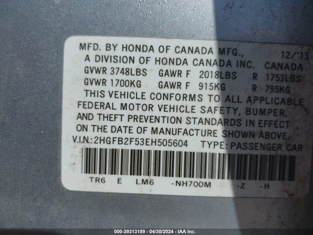 Honda Civic Lx 2014 2HGFB2F53EH505604 Image 9
