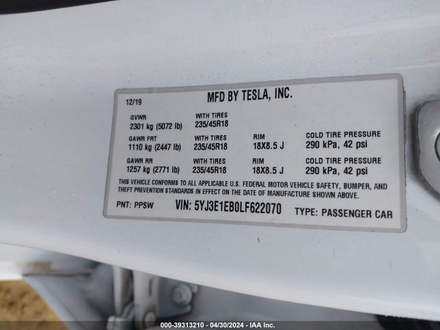 5YJ3E1EB0LF622070 Tesla Model 3 Long Range Dual Motor All-wheel Drive
