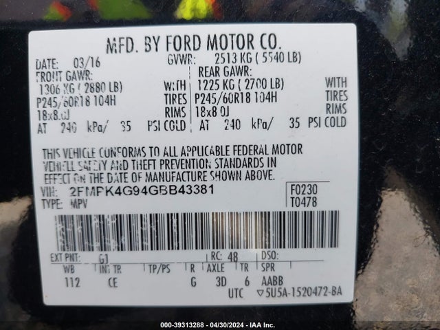 2FMPK4G94GBB43381 Ford EDGE SE