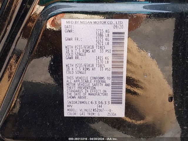 5N1DR2BM0LC633633 Nissan Pathfinder Sv 4wd